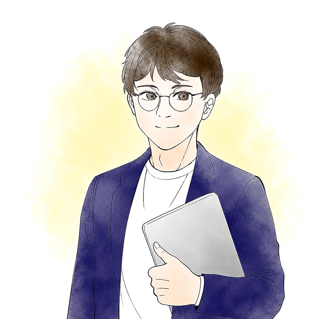 ノートPCを持つ男性のプロフィールイラスト